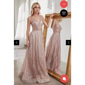 Cinderella Divine Champagne Gold V-Neck Glitter Print A-Line Prom Gown Size 4?